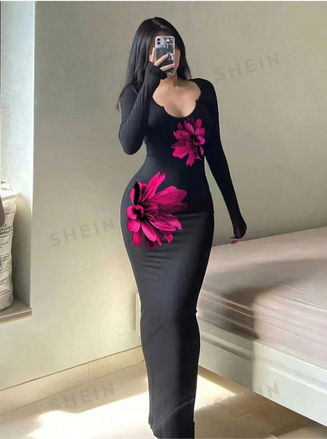 SHEIN SXY فستان محبوك مناسب للصيف بطباعة زهرية كبيرة مبسطة ذو ياقة على شكل حرف V وأكمام طويلة ضيقة، أنيق للنساء 